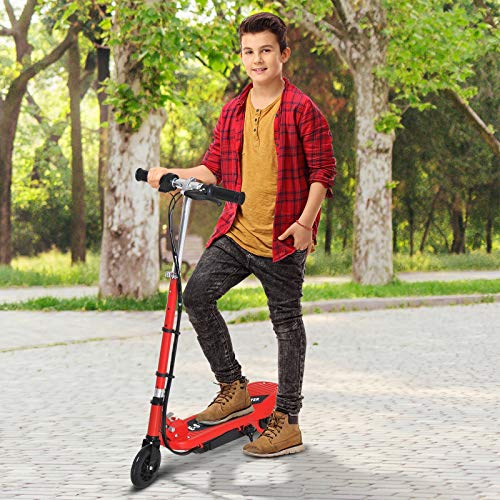 HOMCOM Patinete Eléctrico para Niños de +7 Años Scooter Plegable con Altura Ajustable Batería Recargable 24V Velocidad hasta 12 km/h y Freno Carga 50 kg 74x36x73-91 cm Rojo