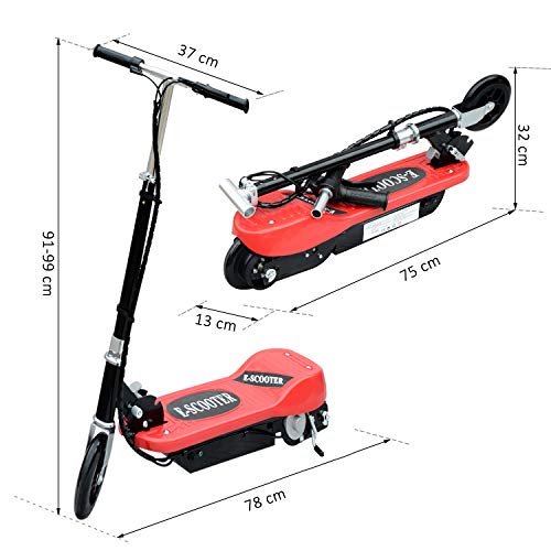 HOMCOM Patinete Eléctrico Plegable para Niños y Adolescentes de +7 Años Scooter Eléctrico con Manillar Ajustable en Altura y Frenos Carga Máx. 50 kg 78x37x91-99 cm Rojo