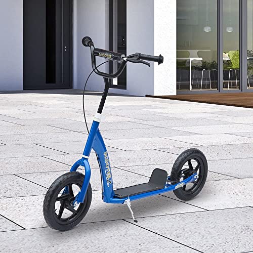 HOMCOM Patinete para Niños de +5 Años Scooter de 2 Ruedas Grandes de 12 Pulgadas con Freno y Manillar Ajustable en Altura Carga Máx. 50 kg 120x52x80-88 cm Azul