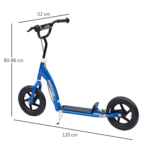 HOMCOM Patinete para Niños de +5 Años Scooter de 2 Ruedas Grandes de 12 Pulgadas con Freno y Manillar Ajustable en Altura Carga Máx. 50 kg 120x52x80-88 cm Azul