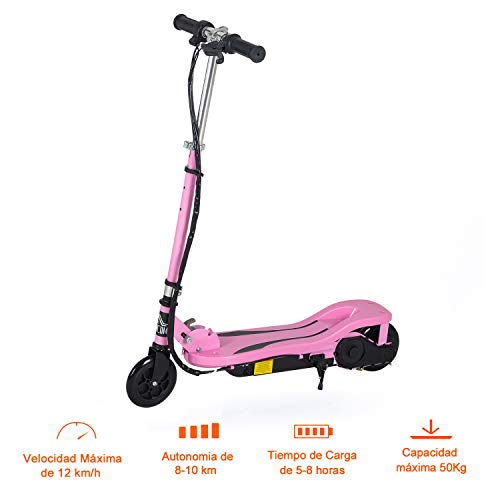 HOMCOM Patinete Scooter Eléctrico Plegable para Niños y Adolescentes Máx. 50 kg con Altura Ajustable Interruptor de Arranque y Frenos 75x36x82-93 cm Rosa