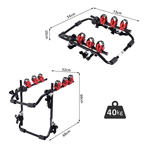 HOMCOM Portabicicletas Trasero Portón Plegable con Correas hasta 3 Bicis Soporte de Bici Universal Carga 40kg 68x52x60cm Metal