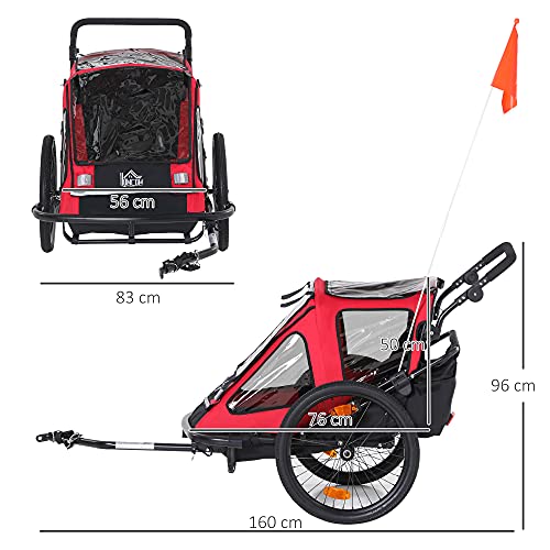 HOMCOM Remolque de Bicicleta para Niños +18 Meses Plegable 2 en 1 Cochecito de Paseo de 2 Plazas con Manillar Ajustable en Altura Bandera y Reflectores 160x83x96 cm Rojo