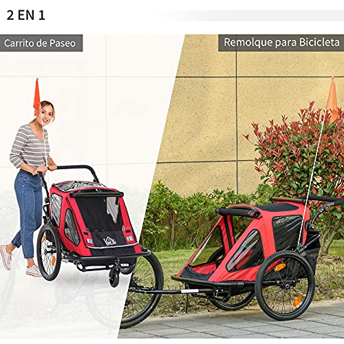 HOMCOM Remolque de Bicicleta para Niños +18 Meses Plegable 2 en 1 Cochecito de Paseo de 2 Plazas con Manillar Ajustable en Altura Bandera y Reflectores 160x83x96 cm Rojo