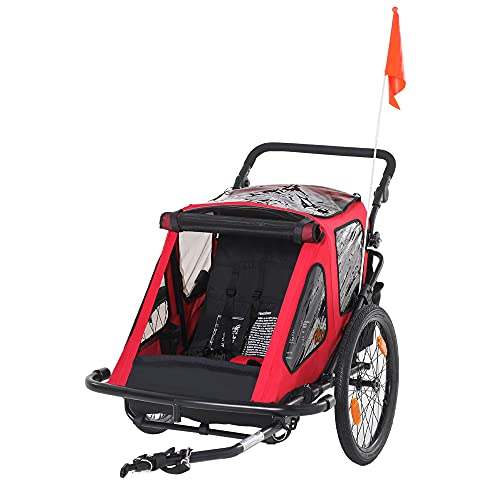 HOMCOM Remolque de Bicicleta para Niños +18 Meses Plegable 2 en 1 Cochecito de Paseo de 2 Plazas con Manillar Ajustable en Altura Bandera y Reflectores 160x83x96 cm Rojo