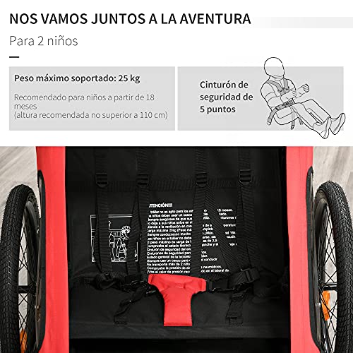 HOMCOM Remolque de Bicicleta para Niños +18 Meses Plegable 2 en 1 Cochecito de Paseo de 2 Plazas con Manillar Ajustable en Altura Bandera y Reflectores 160x83x96 cm Rojo