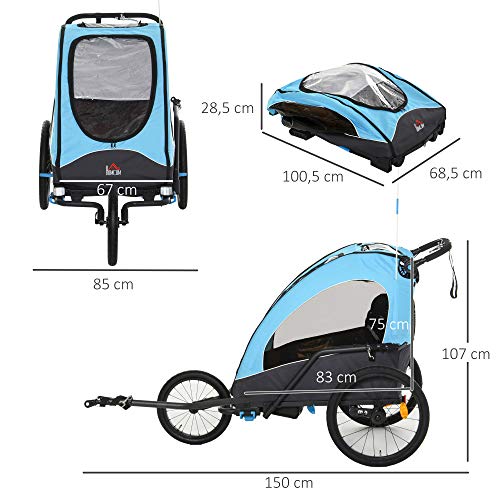 HOMCOM Remolque Infantil 3 en 1 para Bicicleta Carrito para Correr de 2 Plazas para Niños de +6 Meses Plegable Ruedas Giratorias y Manillar Ajustable 150x85x107 cm Azul