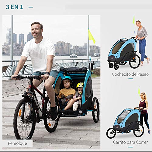 HOMCOM Remolque Infantil 3 en 1 para Bicicleta Carrito para Correr de 2 Plazas para Niños de +6 Meses Plegable Ruedas Giratorias y Manillar Ajustable 150x85x107 cm Azul