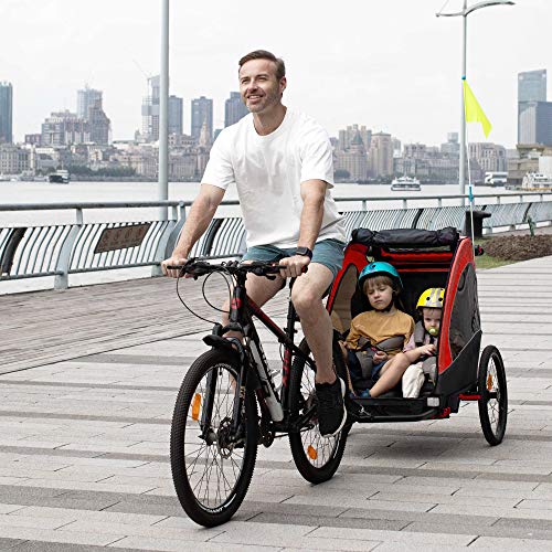 HOMCOM Remolque Infantil 3 en 1 para Bicicleta Carrito para Correr de 2 Plazas para Niños de +6 Meses Plegable Ruedas Giratorias y Manillar Ajustable 150x85x107 cm Rojo