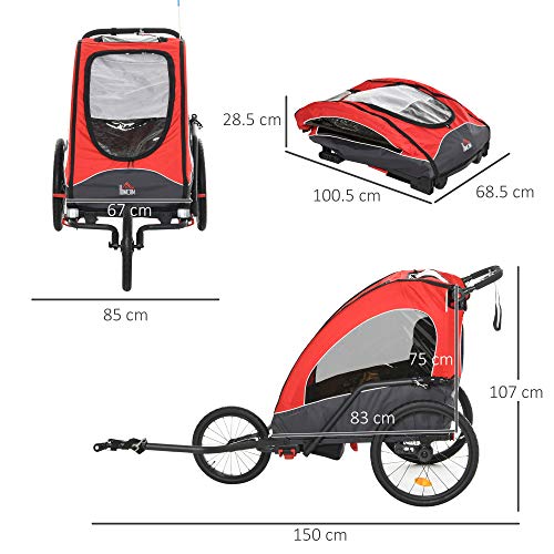 HOMCOM Remolque Infantil 3 en 1 para Bicicleta Carrito para Correr de 2 Plazas para Niños de +6 Meses Plegable Ruedas Giratorias y Manillar Ajustable 150x85x107 cm Rojo