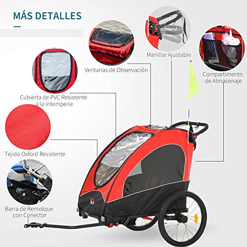 HOMCOM Remolque Infantil 3 en 1 para Bicicleta Carrito para Correr de 2 Plazas para Niños de +6 Meses Plegable Ruedas Giratorias y Manillar Ajustable 150x85x107 cm Azul