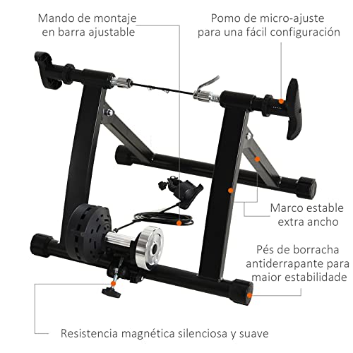 HOMCOM Rodillo Entrenamiento Bicicleta 5 Niveles de Resistencia por Cable Cicloentrenador Acero Bici Color Negro 54.5x42.2x39.1cm