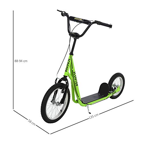 HOMCOM Scooter Patinete para Niños Mayores de 5 Años con 2 Neumáticos de Caucho Inflable con Doble Freno Manillar Ajustable en Altura Soporte 100 kg 135x58x88-94 cm Verde