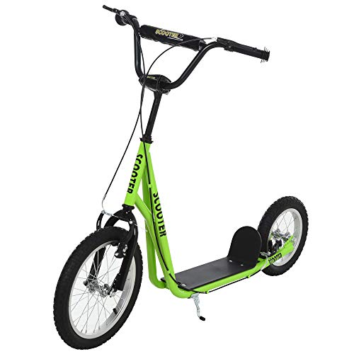 HOMCOM Scooter Patinete para Niños Mayores de 5 Años con 2 Neumáticos de Caucho Inflable con Doble Freno Manillar Ajustable en Altura Soporte 100 kg 135x58x88-94 cm Verde