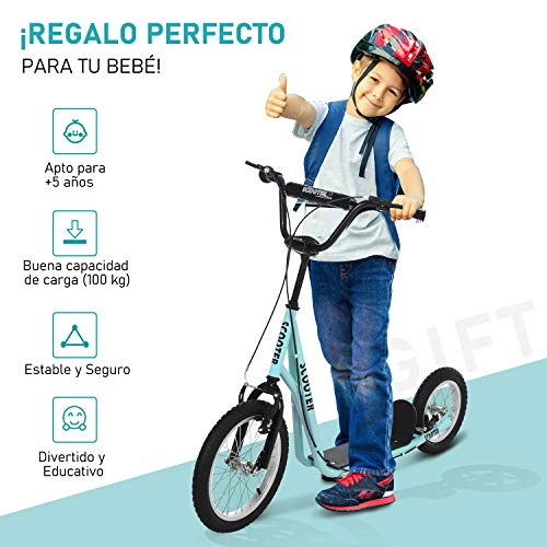 HOMCOM Scooter Patinete para Niños Mayores de 5 Años con 2 Neumáticos de Caucho Inflable con Doble Freno Manillar Ajustable en Altura Soporte 100 kg 135x58x88-94 cm Azul