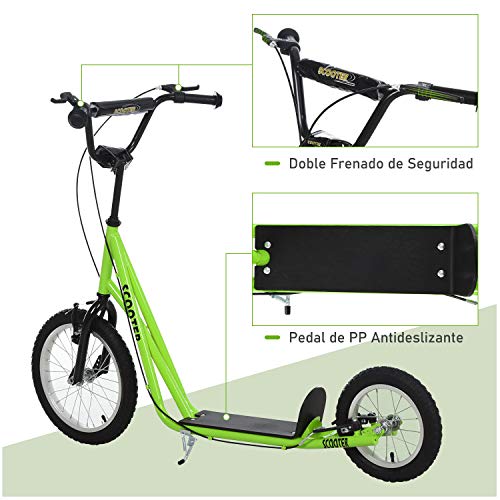 HOMCOM Scooter Patinete para Niños Mayores de 5 Años con 2 Neumáticos de Caucho Inflable con Doble Freno Manillar Ajustable en Altura Soporte 100 kg 135x58x88-94 cm Azul