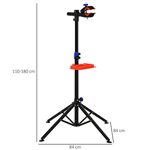 HOMCOM Soporte de reparación Portátil Caballete de Bicicleta para Hogar Altura Ajustable 110-180 cm con 4 Patas Bandeja de Herramientas hasta 25 kg 84x84x180 Negro