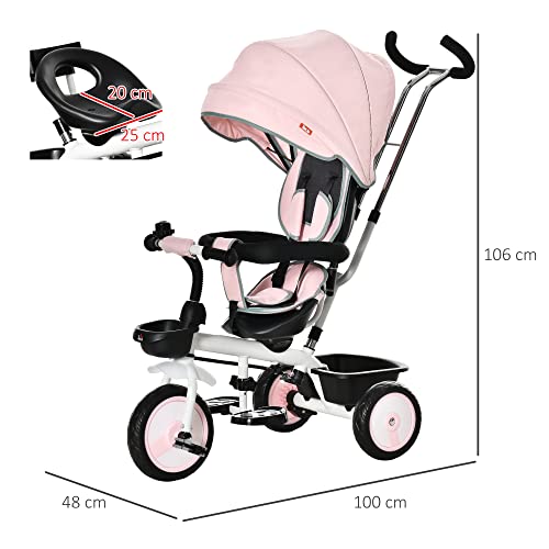 HOMCOM Triciclo Bebé 2 en 1 Triciclo Evolutivo para Niños de +12 Meses con Asiento Reversible Capota Plegable Mango de Empuje Telescópico y Barra Extraíble 100x48x106 cm Rosa