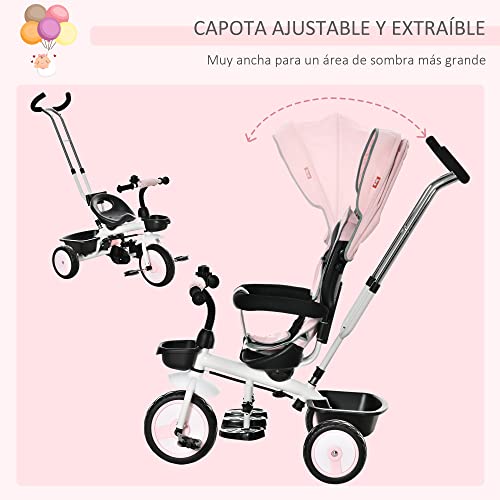 HOMCOM Triciclo Bebé 2 en 1 Triciclo Evolutivo para Niños de +12 Meses con Asiento Reversible Capota Plegable Mango de Empuje Telescópico y Barra Extraíble 100x48x106 cm Rosa