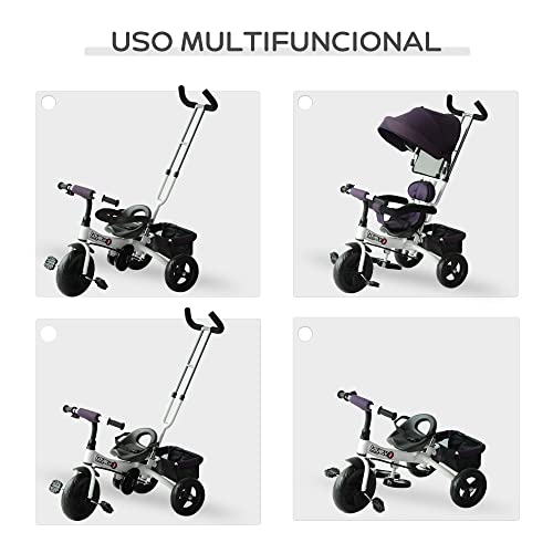 HOMCOM Triciclo para Bebé 4 en 1 Bicicleta para +18 Meses con Capota Manija de Empuje Ajustable Barra Extraíble Reposapiés Plegable Canasta de Almacenaje 92x51x110 cm Morado