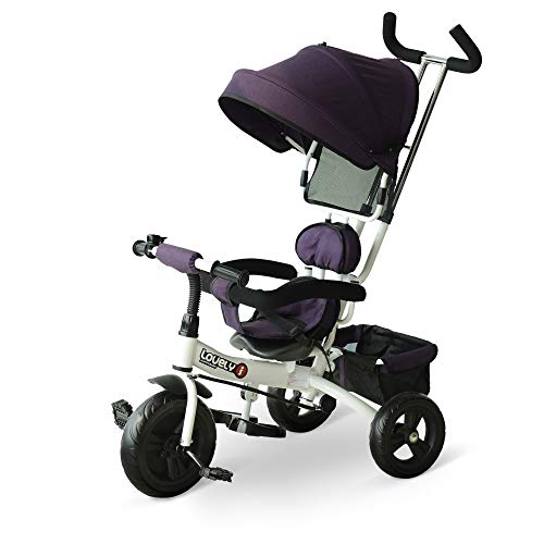 HOMCOM Triciclo para Bebé 4 en 1 Bicicleta para +18 Meses con Capota Manija de Empuje Ajustable Barra Extraíble Reposapiés Plegable Canasta de Almacenaje 92x51x110 cm Morado