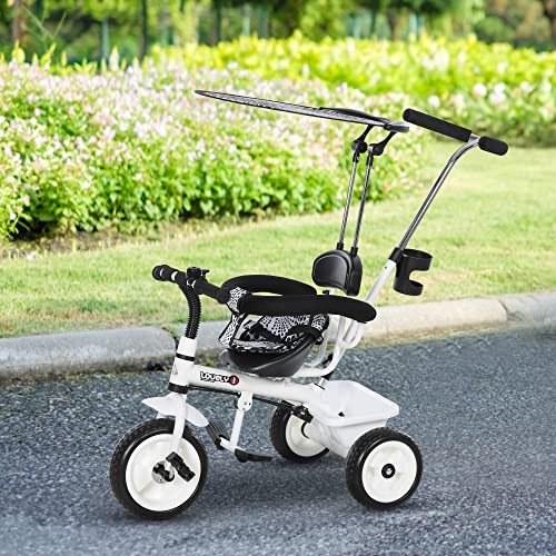 HOMCOM Triciclo para Niños con Capota extraíble y Plegable Incluye Barra telescópica para los Padres Certificado EN71-1-2-3 Color Blanco 103x47x101cm