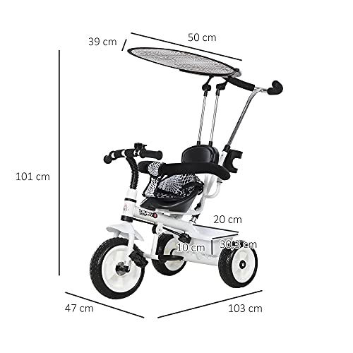 HOMCOM Triciclo para Niños con Capota extraíble y Plegable Incluye Barra telescópica para los Padres Certificado EN71-1-2-3 Color Blanco 103x47x101cm