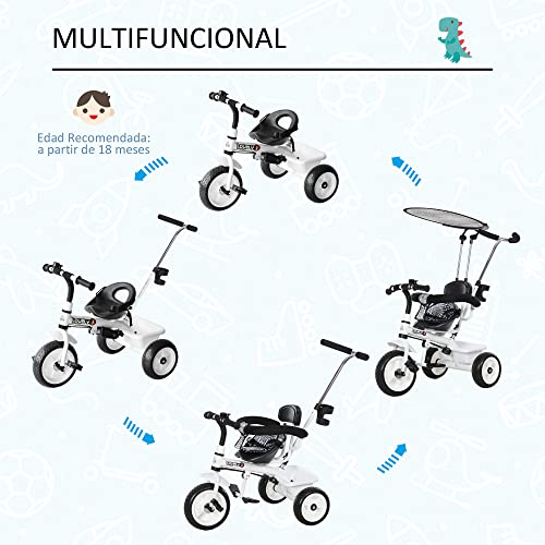 HOMCOM Triciclo para Niños con Capota extraíble y Plegable Incluye Barra telescópica para los Padres Certificado EN71-1-2-3 Color Blanco 103x47x101cm