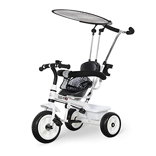 HOMCOM Triciclo para Niños con Capota extraíble y Plegable Incluye Barra telescópica para los Padres Certificado EN71-1-2-3 Color Blanco 103x47x101cm