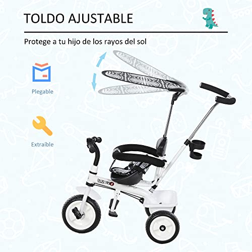 HOMCOM Triciclo para Niños con Capota extraíble y Plegable Incluye Barra telescópica para los Padres Certificado EN71-1-2-3 Color Blanco 103x47x101cm