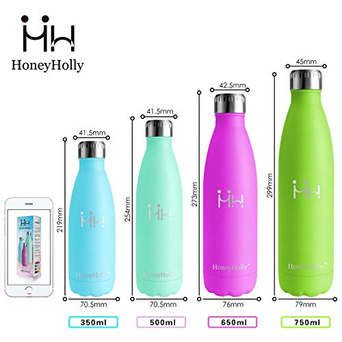 HoneyHolly Botella de Agua Acero Inoxidable 350/500/650/750ml, Aislamiento de Vacío de Doble Pared, Botellas de Frío/Caliente, sin bpa Botella Reutilizable para niños Sport Gimnasio Trekking Bicicleta