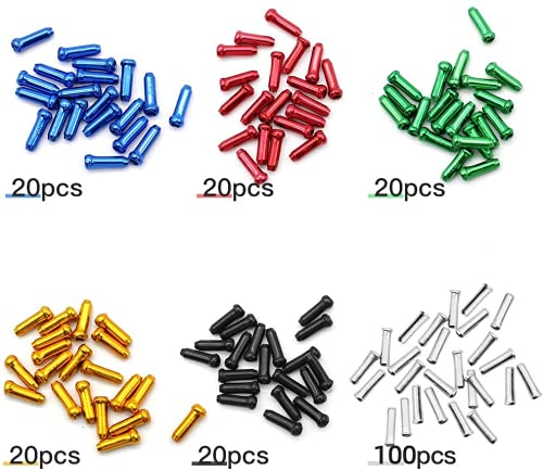 Hrroes 200 Pcs Tapas del Extremo del Cable Freno Bicicleta Funda Cable Cambio MTB de Aluminio Multicolor Terminaciones de Cable de Freno, Apertura 2 mm (100 Plata +100 Mezclado)