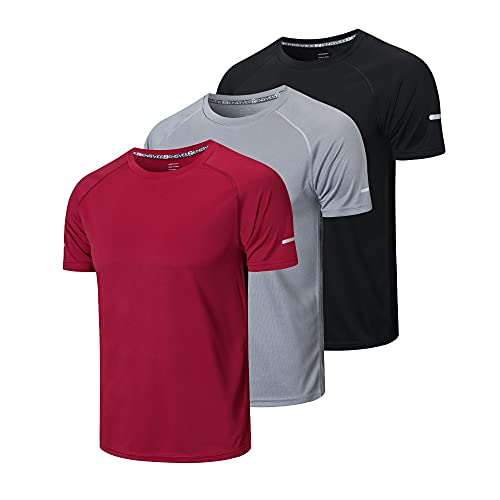 HUAKANG 3 Piezas Camiseta Hombre de Ropa Deportiva Hombre de Secado Rápido Manga Corta Camiseta Hombre para Correr(Black Grey Red -2XL)