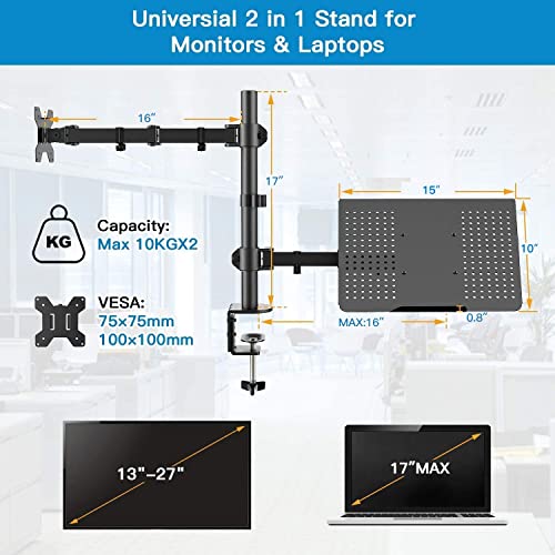 HUANUO Soporte Monitor para 13-27 Pulgadas PC y Ordenador Portátil hasta de 15.6 Pulgadas Ergonómico Diseño Soporte Monitor y Portatil, Brazo Monitor Mesa Rotación de 180° y Giro de 360 °