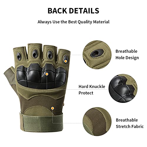 HUNTVP Militar Guantes Tactico Guantes de Moto Hombre Guantes de Bicicleta para Deportes al Aire Libre Ciclismo Acampada Escalada, Medio Dedo - Verde L