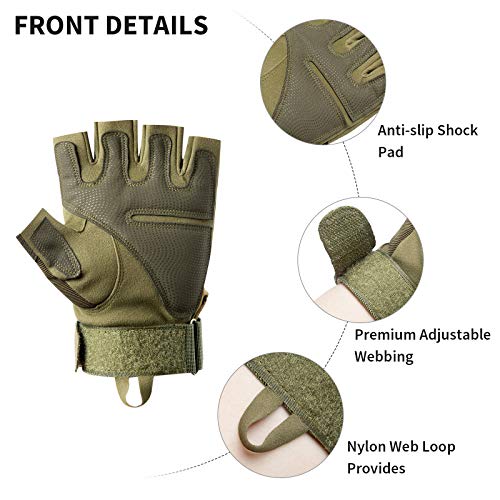 HUNTVP Militar Guantes Tactico Guantes de Moto Hombre Guantes de Bicicleta para Deportes al Aire Libre Ciclismo Acampada Escalada, Medio Dedo - Verde L