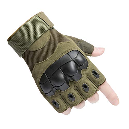 HUNTVP Militar Guantes Tactico Guantes de Moto Hombre Guantes de Bicicleta para Deportes al Aire Libre Ciclismo Acampada Escalada, Medio Dedo - Verde L