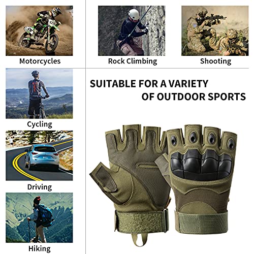 HUNTVP Militar Guantes Tactico Guantes de Moto Hombre Guantes de Bicicleta para Deportes al Aire Libre Ciclismo Acampada Escalada, Medio Dedo - Verde L