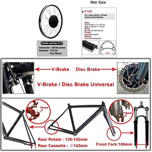 HYCy Kit de conversión ebike 48V 500W Motor de Cubo de Engranaje sin escobillas de Rueda Delantera, Ruedas 27.5 Pulgadas para Kit de conversión de Bicicleta eléctrica, con Pantalla LCD3