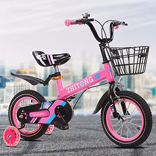 HYDL Bicicletas Infantiles, Bici con Ruedines y Cesta, Bicicletas Infantiles para Niños y Niñas, Bicis con Freno de Mano Manillar y sillín Ajustables, para niños de 2 a 9 años,Rosado,16in