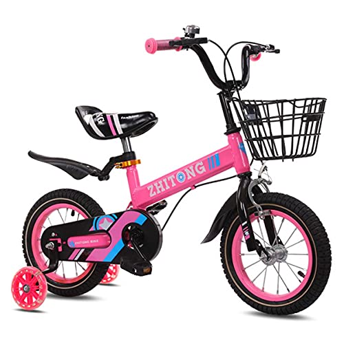 HYDL Bicicletas Infantiles, Bici con Ruedines y Cesta, Bicicletas Infantiles para Niños y Niñas, Bicis con Freno de Mano Manillar y sillín Ajustables, para niños de 2 a 9 años,Rosado,16in