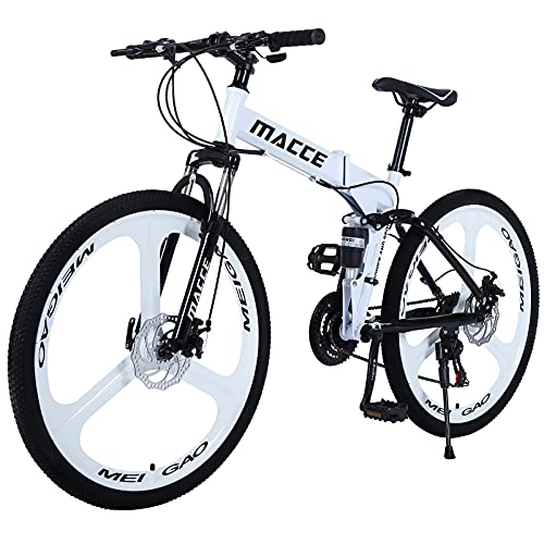 Hyhome Bicicletas de montaña plegables para adultos, 26 pulgadas, 3 radios ruedas 27 velocidades, bicicleta de freno de disco dual para hombres y mujeres (blanco)