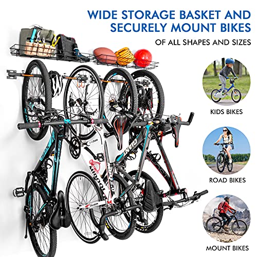 ikkle Soporte de Pared para Bicicletas, Soporte bicicletas pared con Cesta de Almacenamiento, Aparcamiento 6 Bicicletas, Colgador de Bici de Pared con Ganchos para Colgar - 2-Pack