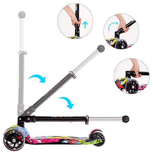 IMMEK Patinete Niño Plegable con 3 Ruedas PU Led Luces Iluminadas para 3 a 12 Años Altura Ajustable Desde 75-83 CM Niños y Niñas Juguetes y Regalos con Freno Posterior Carga Máxima 50 KG (Grafiti)