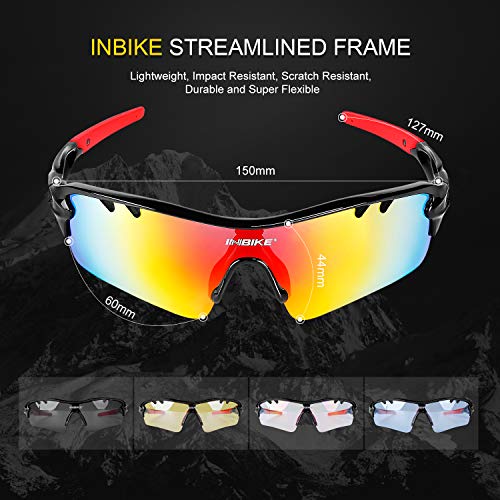 Inbike Gafas de Sol Polarizadas Para Ciclismo con 5 Lentes Intercambiables Uv400 y Montura de Tr-90, Gafas Para Mtb Bicicleta Montaña 100% de Protección Uv(Negro)