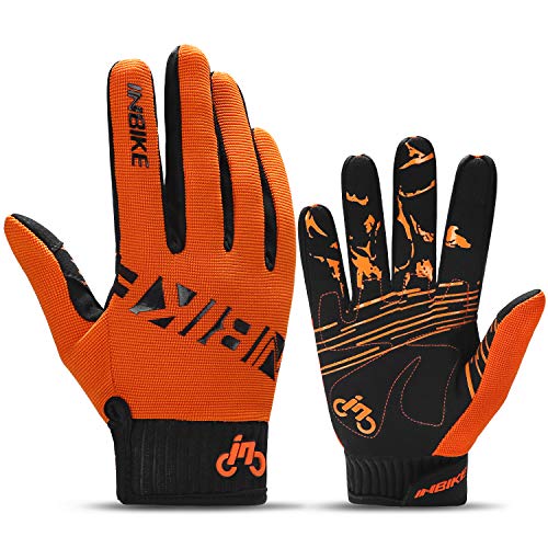 INBIKE Guantes MTB Dedos Largos para Hombre con La Funcionalidad De Pantalla Táctil, Guantes De Ciclismo Bicicleta Montaña Ciclista Bici Btt para Entretiempo(Naranja-L)