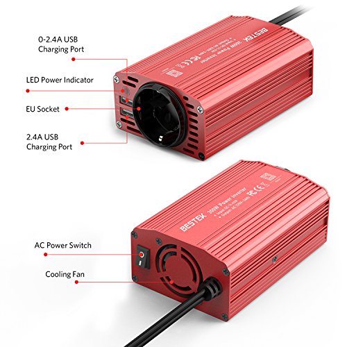 Inversor De Corriente 300W para Coche, BESTEK Transformador De 12v A 220v, Inversor con 1 Toma Enchufe Y 2 Puertos USB De 3,1 para Phone, Pad Y Tableta