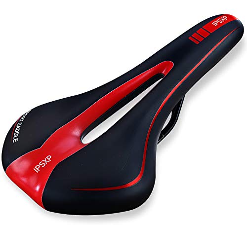 IPSXP Asiento de Bicicleta, Sillín de Asiento de Bicicleta de Gel, Cómodo Acolchado de Espuma de Memoria con los Resortes, Cojín de Silicona de Bici/MTB Respirable Sillín de Bicicleta (Negro + Rojo)