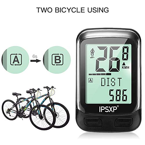 IPSXP Bicicleta Computadora Inalámbrica Impermeable Bicicleta Odómetro Velocímetro Automático Despertador 18 Función Ciclismo Computadora Usuario A/B LCD Luz de Fondo 5 Pantallas de Idiomas