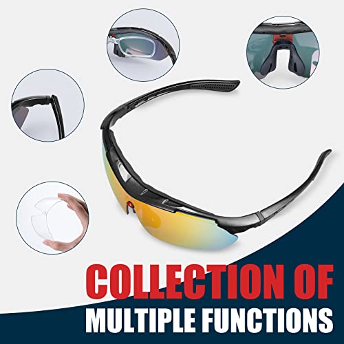 IPSXP Gafas de Sol Deportivas polarizadas 5 Lentes Intercambiables, Gafas de Ciclismo para Hombres y Mujeres, Carrera de béisbol, Escalada, Golf(Negro)